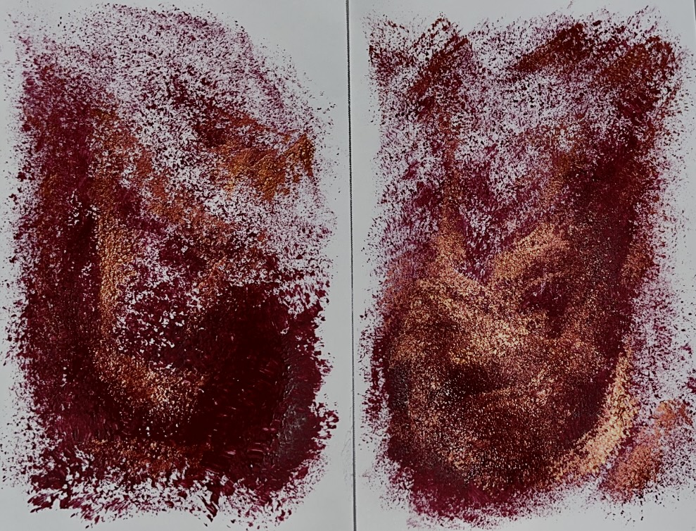 Deep red diptych with copper highlights