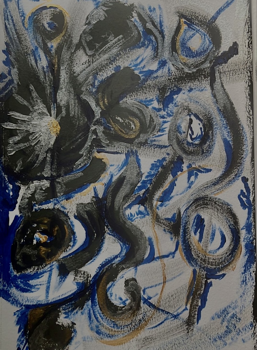 Blue and black abstract with gold accents