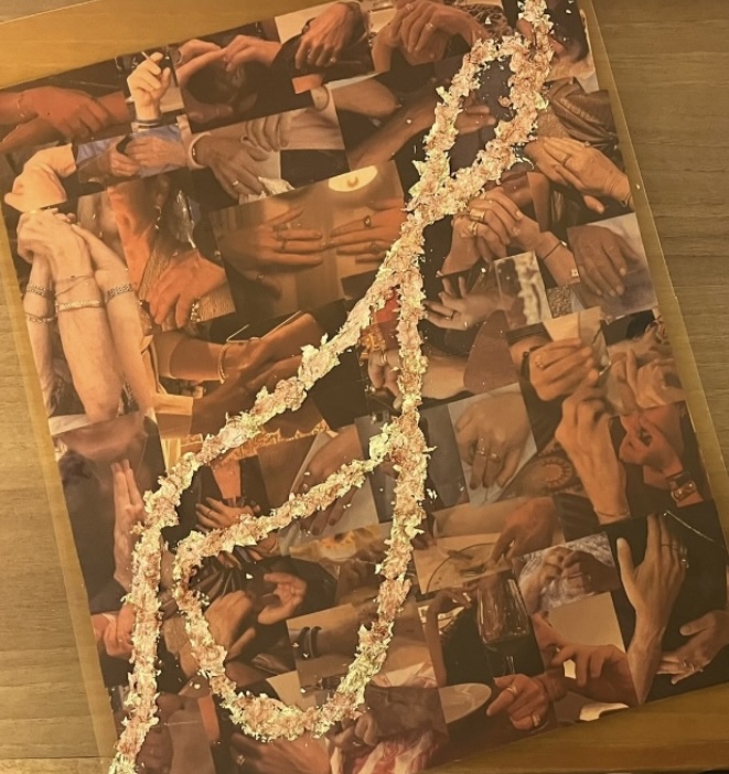 Hands collage with gold leaf texture