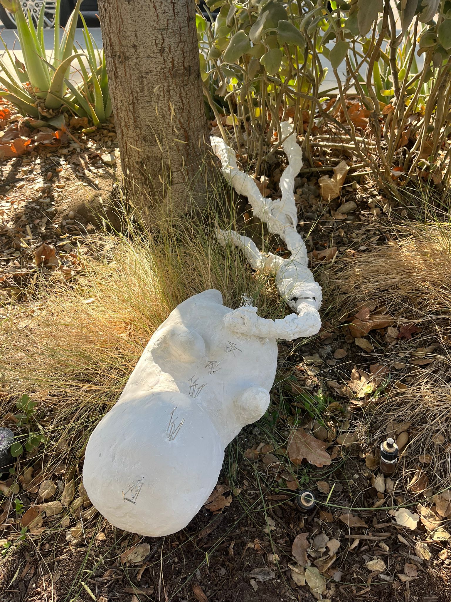 White plaster torso sculpture in garden